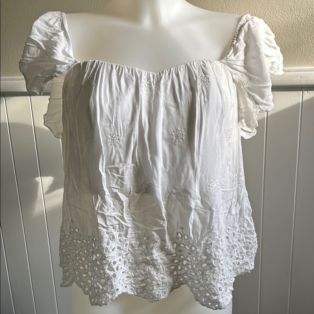 Blue Rain White Smocked Puff Sleeve Blouse